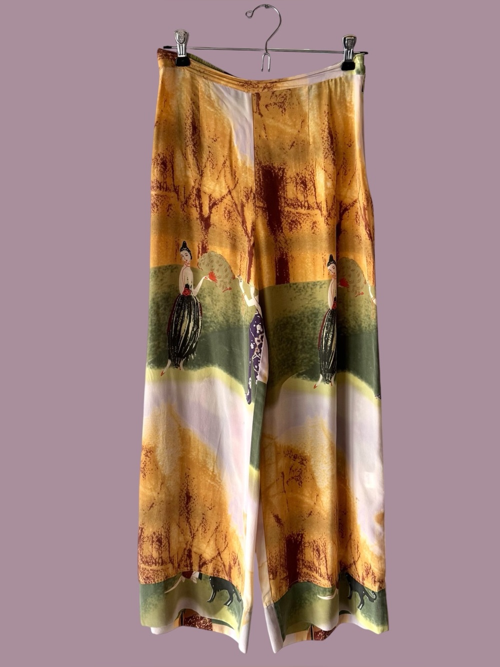 Vintage 90s Citron Santa Monica Silk Asian Traditional Motif Patterned Pants